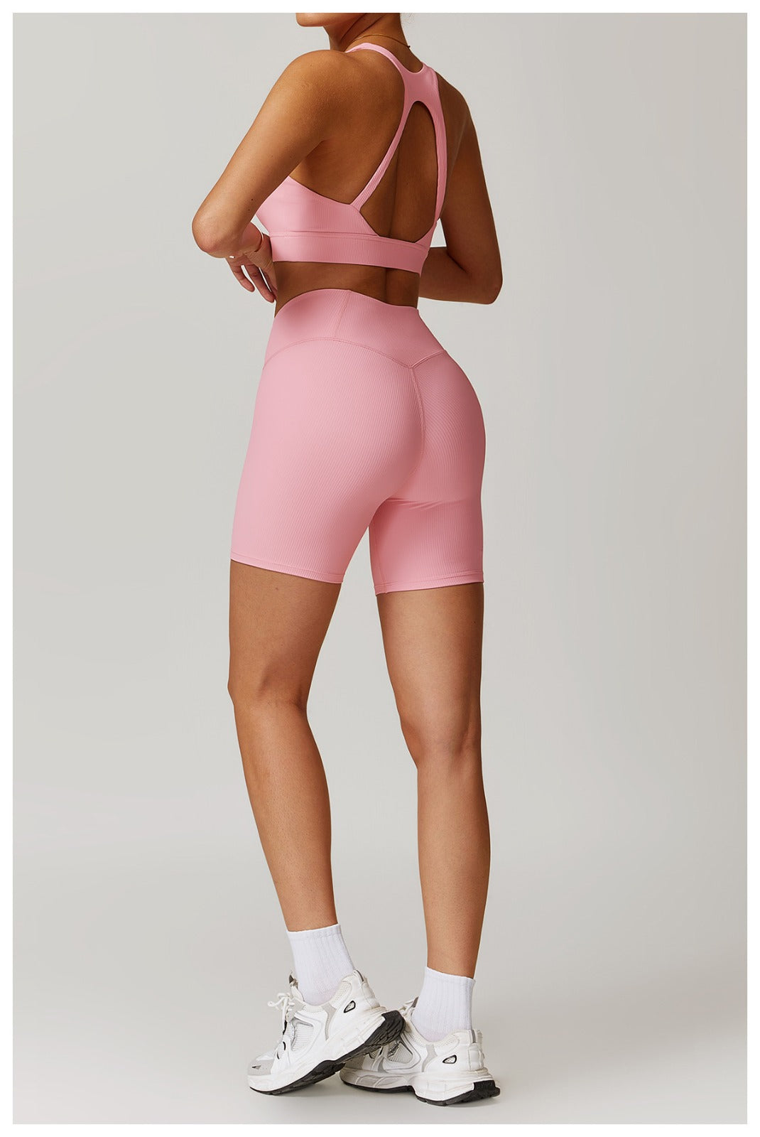 Pink Ribbed High-Waisted Yoga Leggings – Full Length | 4-Way Stretch & Eco-Friendly