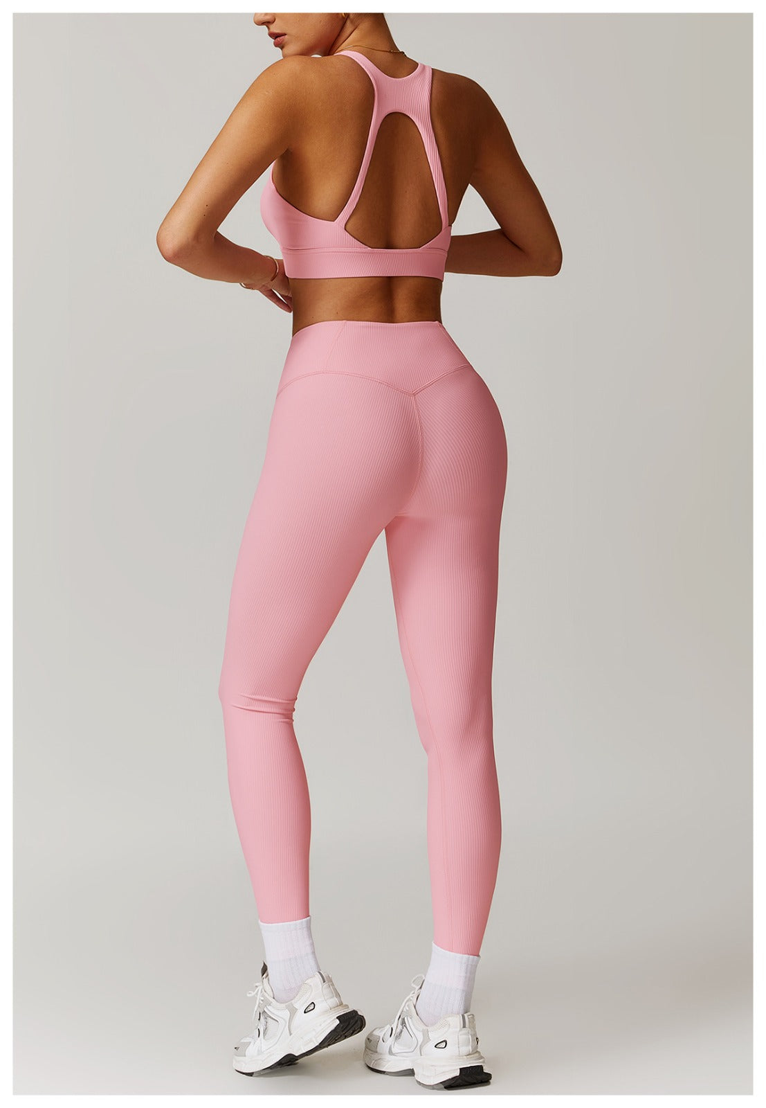 Pink Ribbed High-Waisted Yoga Leggings – Full Length | 4-Way Stretch & Eco-Friendly