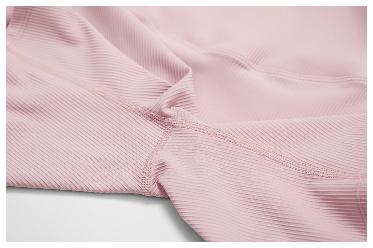 Pink Ribbed High-Waisted Yoga Leggings – Full Length | 4-Way Stretch