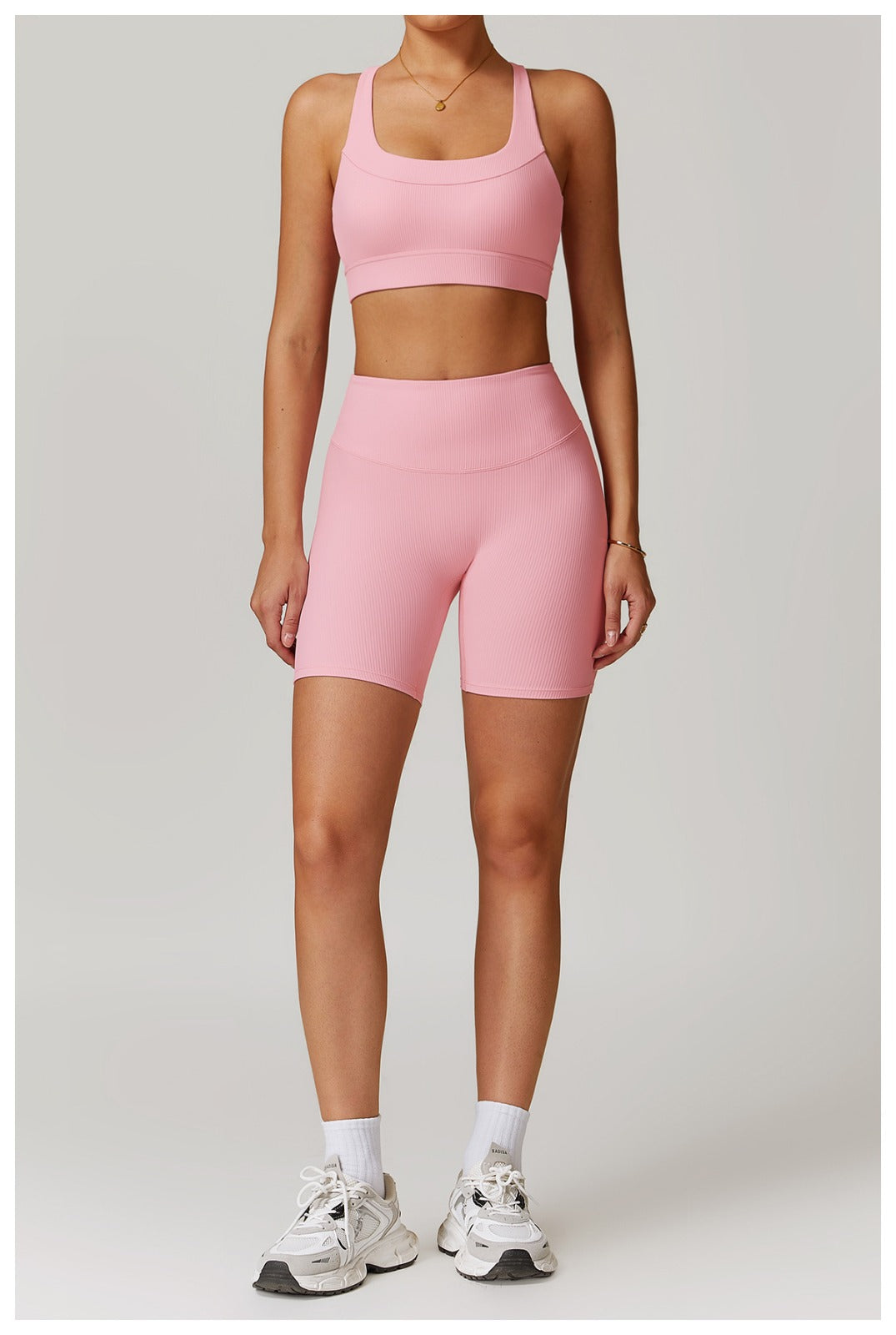 Pink Ribbed High-Waisted Yoga Leggings – Full Length | 4-Way Stretch & Eco-Friendly